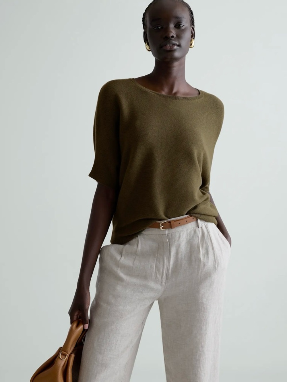 Quince Top Lightweight Cotton Cashmere Link-Stitch Dolman Sweater Olive Sz S